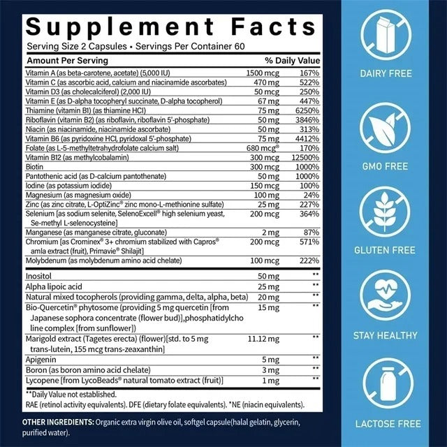 Two-Per-Day Multivitamin Capsules - with Vitamins and Minerals, Enhances Energy Levels, Immune Support, Antioxidant