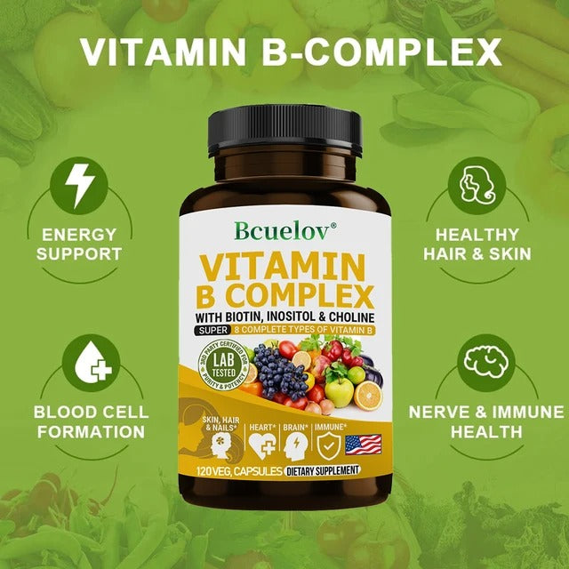 Vitamin B Complex Supplement - Immune Health, Energy Support & Nervous System Support - Non-GMO, 120 Vegetarian Capsules